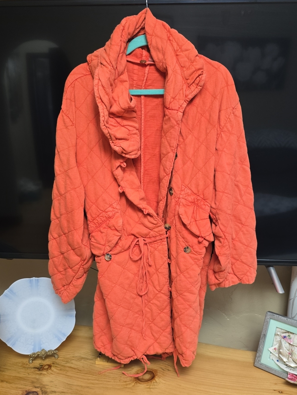 Free People Quilted Ruffle-Trim Orange Wrap Puffer Coat
